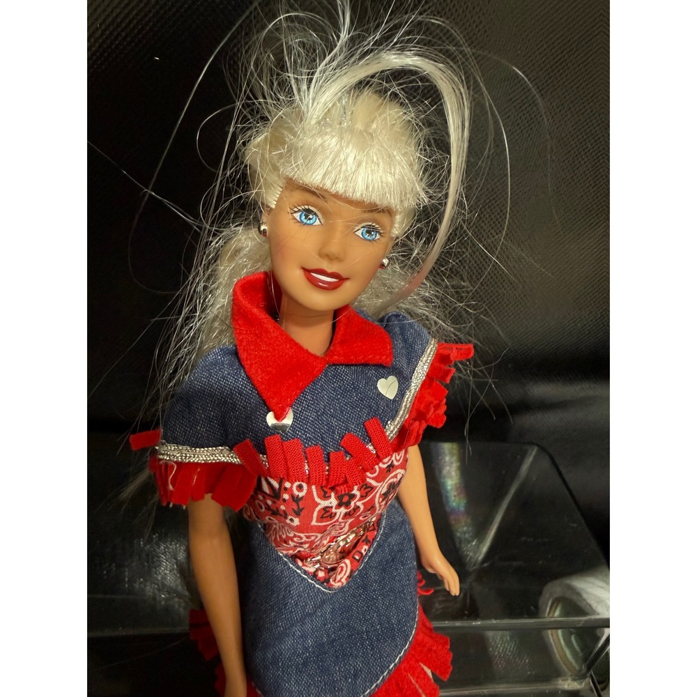 Mattel Barbie Doll Western Cowgirl Denim Red Bandana Fringe Dress Blonde 1966